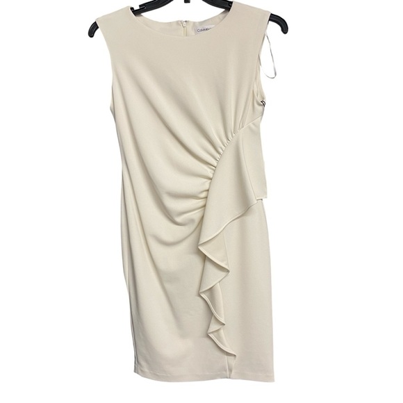 CALVIN KLEIN Ruffle-trim Sheath Dress Size 8 Cream Scuba Crepe Church Shower - Picture 9 of 12